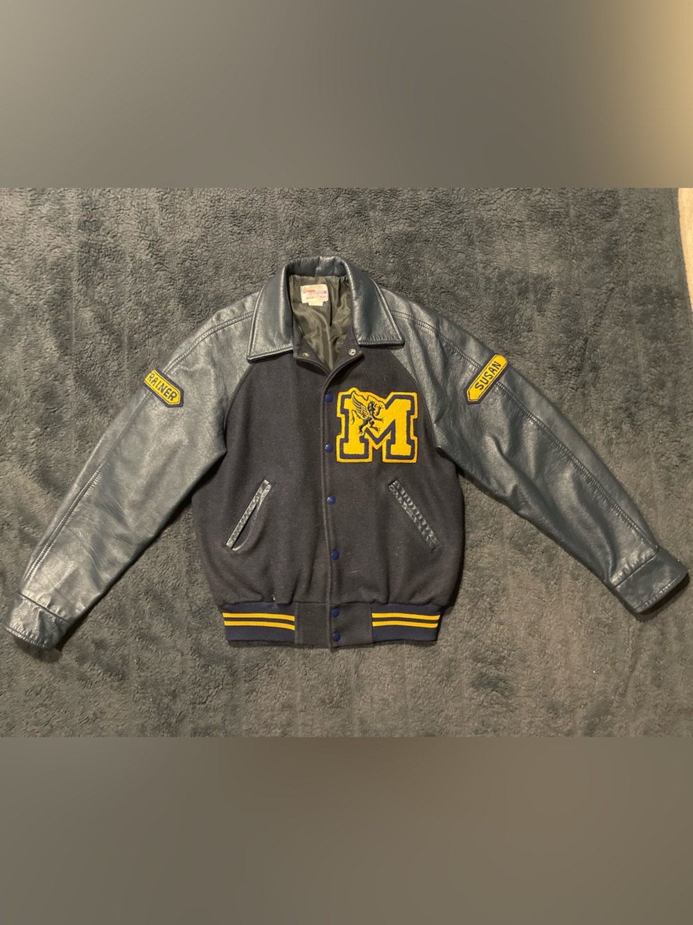 Men's Navy & Black Letterman Jacket with Yellow M Patch